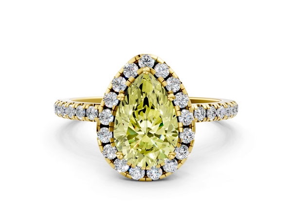 Yellow gold Fancy Yellow Pear  Cut Diamond Floral Halo Engagement Ring with Pavé Band and Prong Setting
