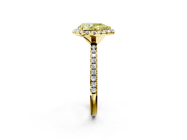 Yellow gold Fancy Yellow Pear  Cut Diamond Floral Halo Engagement Ring with Pavé Band and Prong Setting