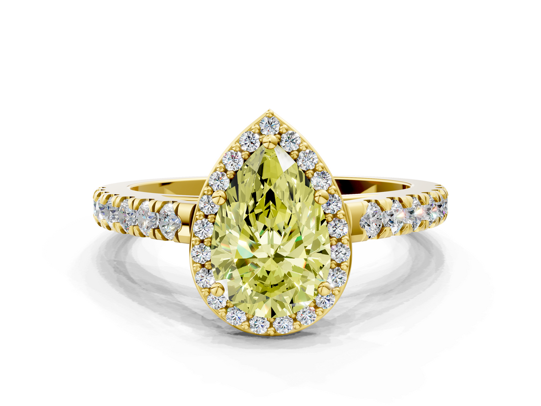 Yellow gold Fancy Yellow Pear  Cut Halo Diamond Engagement Ring with Pave Band and Four-Prong Setting_29