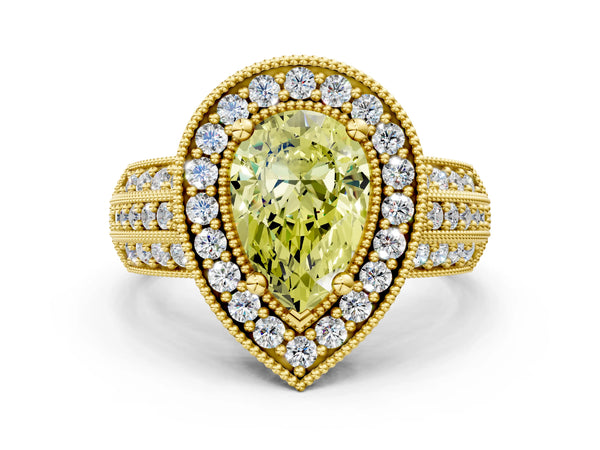 Yellow gold Fancy Yellow Pear Cut Halo Diamond Engagement Ring with Pave Split Shank and Four-Prong Setting