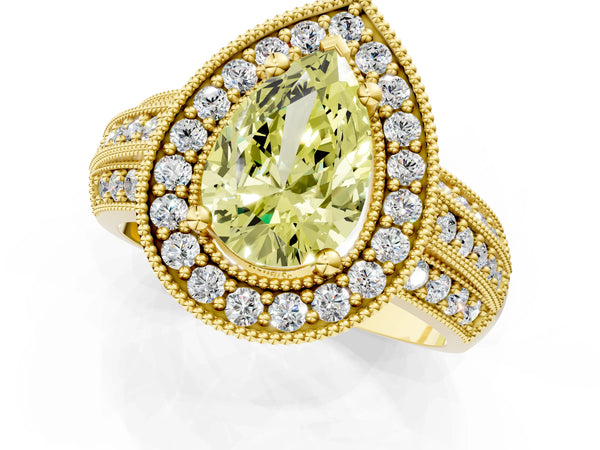 Yellow gold Fancy Yellow Pear Cut Halo Diamond Engagement Ring with Pave Split Shank and Four-Prong Setting