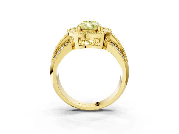 Yellow gold Fancy Yellow Pear Cut Halo Diamond Engagement Ring with Pave Split Shank and Four-Prong Setting