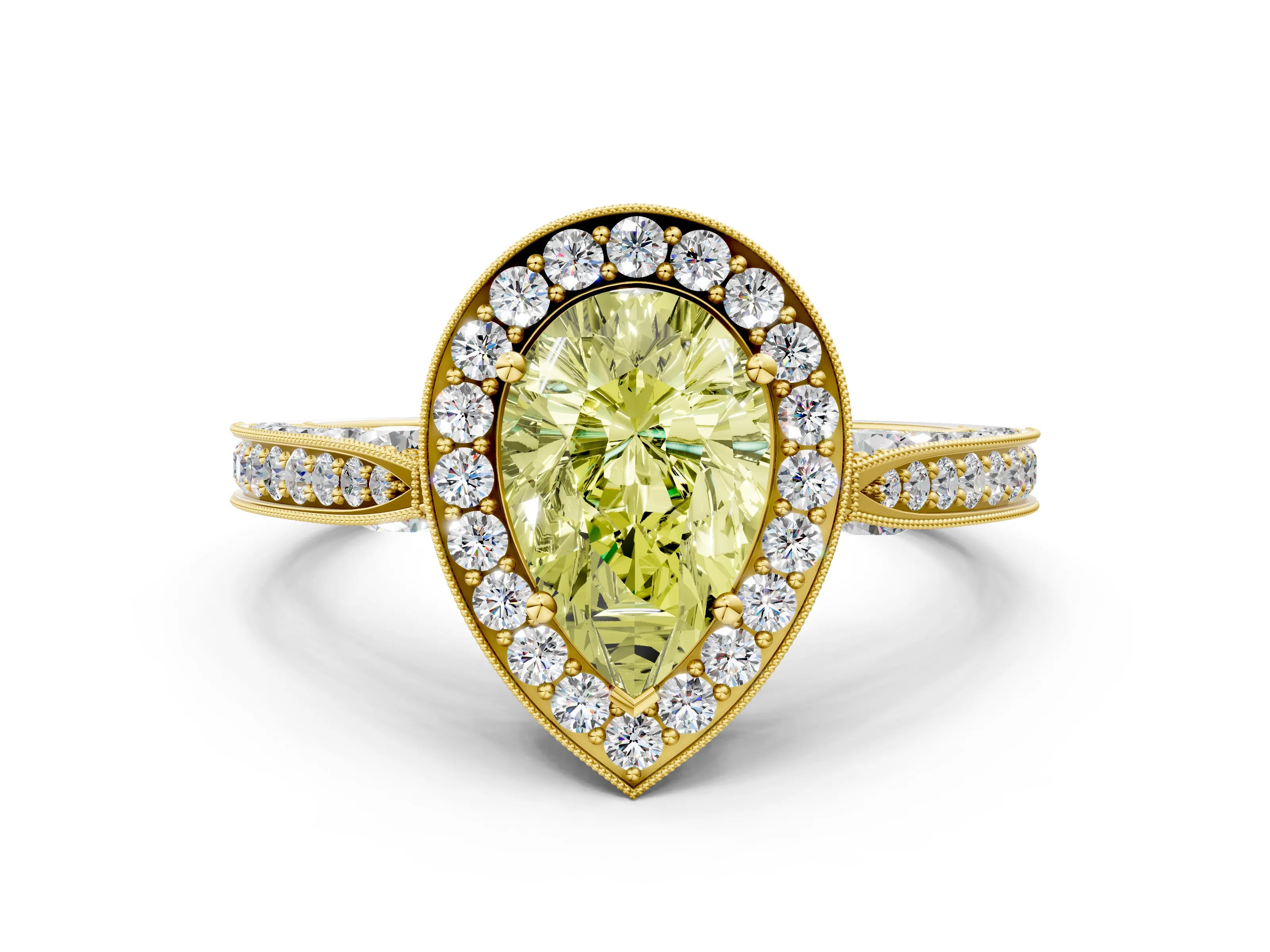 Yellow gold Fancy Yellow Pear Cut Halo Diamond Engagement Ring with Split Shank Band and Four-Prong Setting