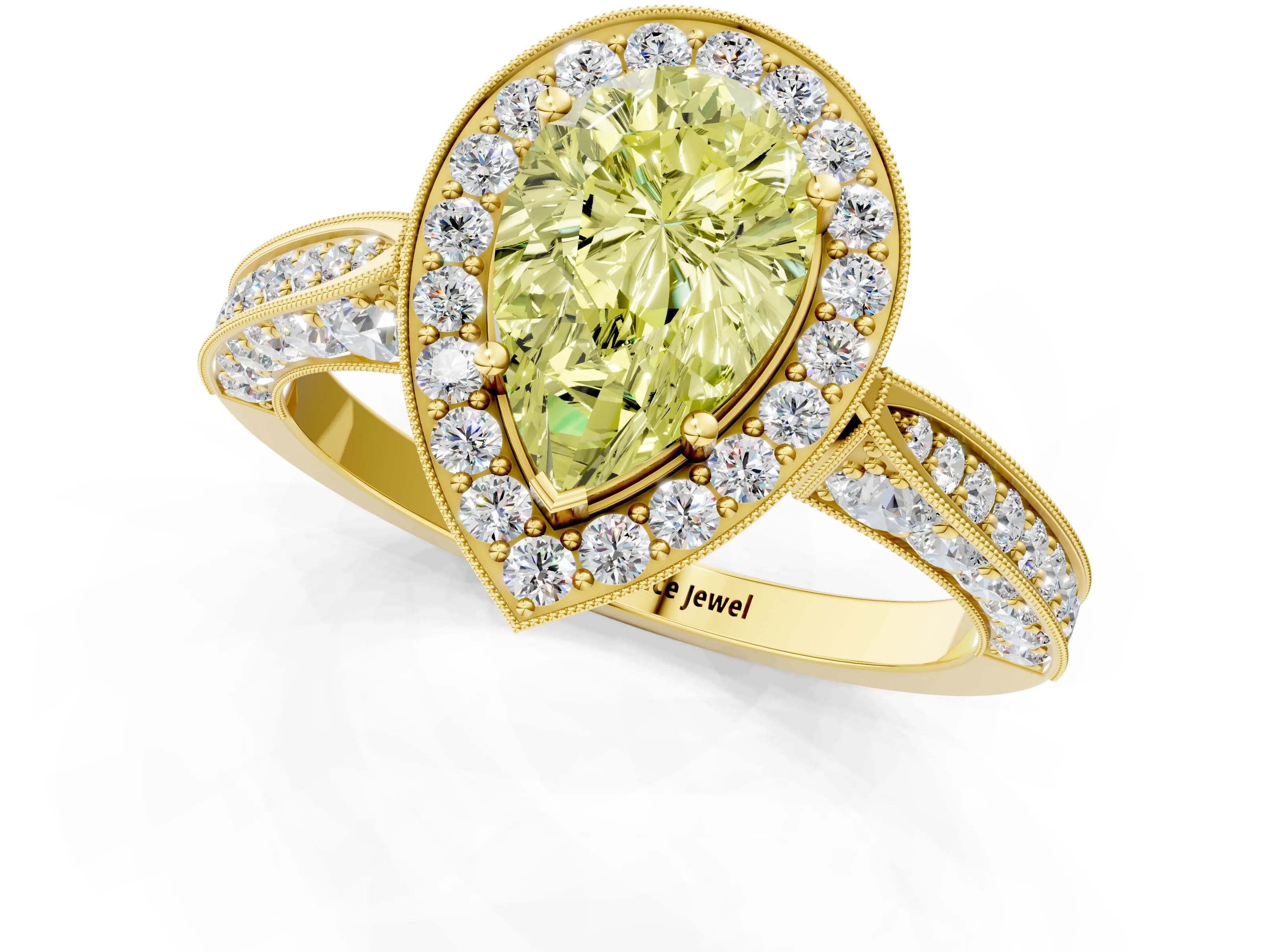 Yellow gold Fancy Yellow Pear Cut Halo Diamond Engagement Ring with Split Shank Band and Four-Prong Setting_1