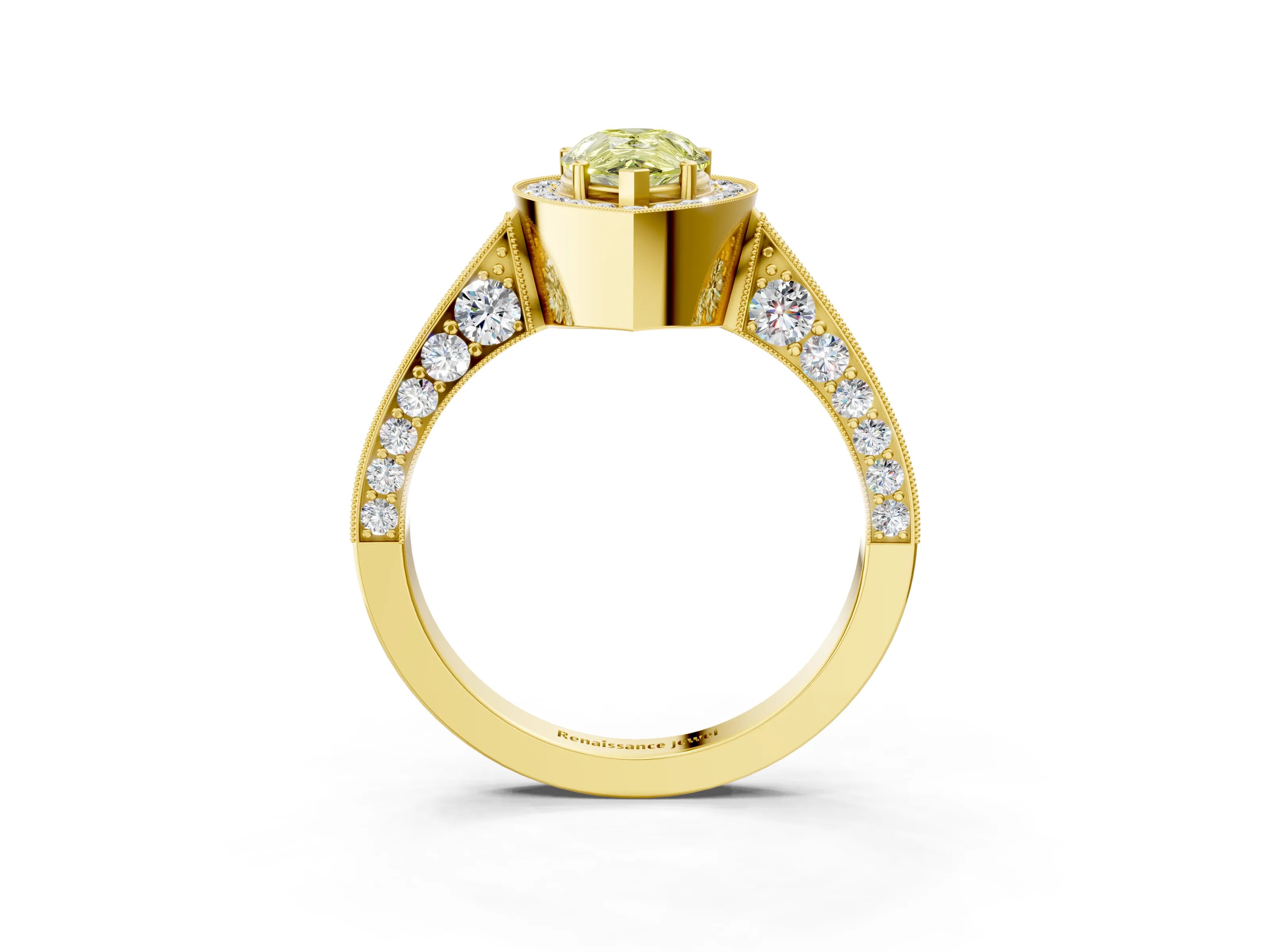 Yellow gold Fancy Yellow Pear Cut Halo Diamond Engagement Ring with Split Shank Band and Four-Prong Setting_3