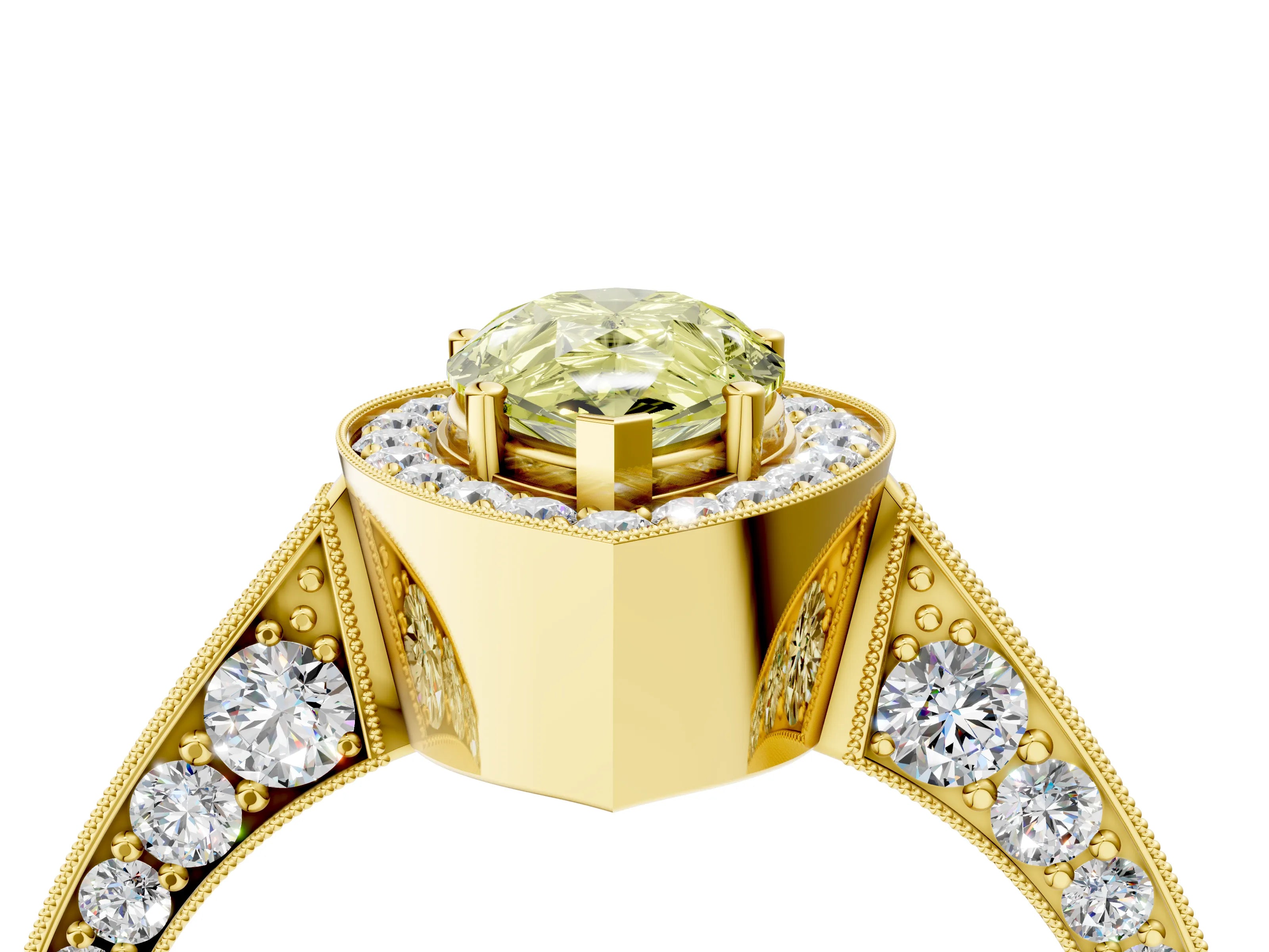 Yellow gold Fancy Yellow Pear Cut Halo Diamond Engagement Ring with Split Shank Band and Four-Prong Setting_4