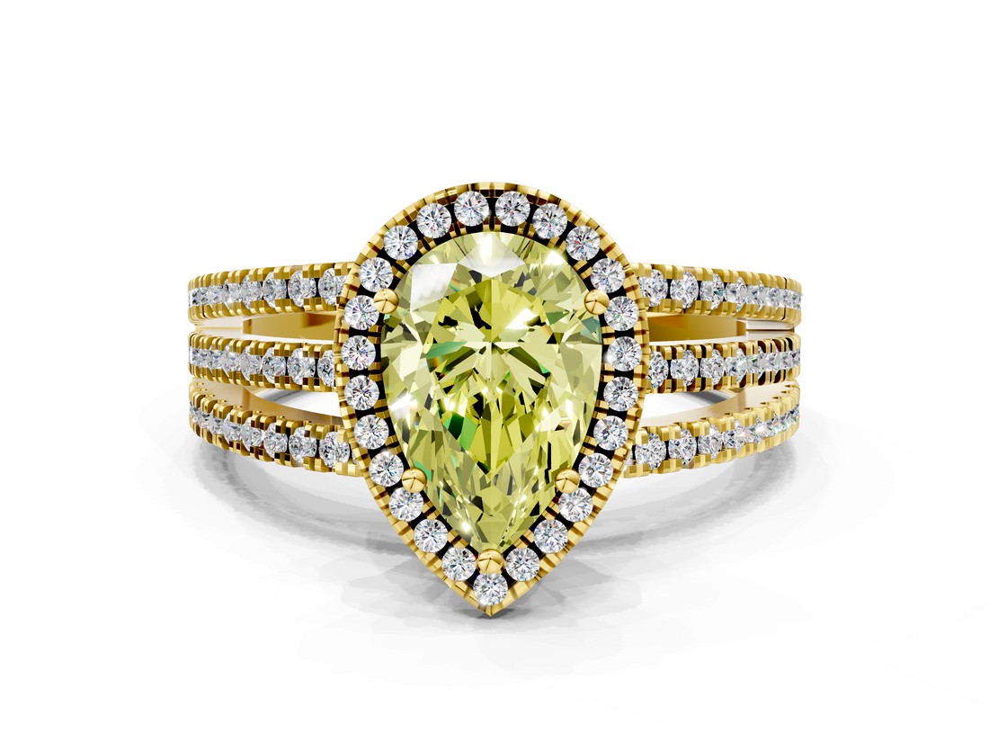 Yellow gold Fancy Yellow Pear  Cut Halo Diamond Engagement Ring with Split Shank and Four-Prong Setting_20