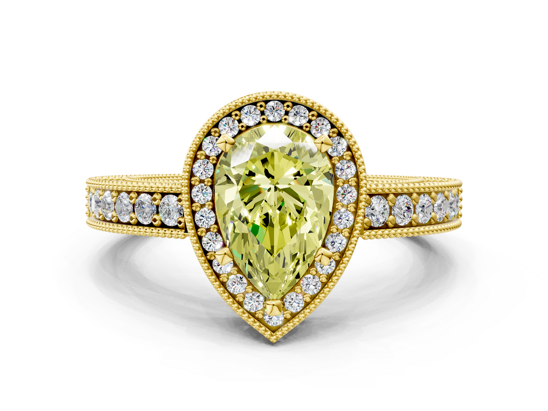 Yellow gold Fancy Yellow Pear  Cut Halo Diamond Pave Band Ring with Four-Prong Setting_45