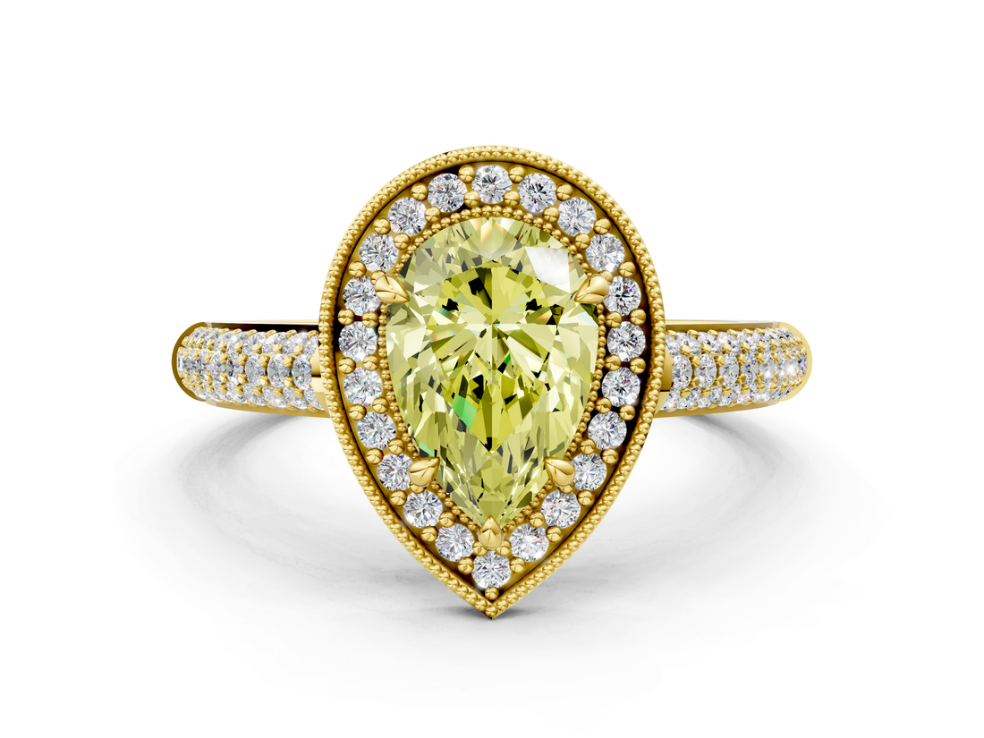 Yellow gold Fancy Yellow Pear  Cut Halo Diamond Pave Band with Four-Prong Setting_51