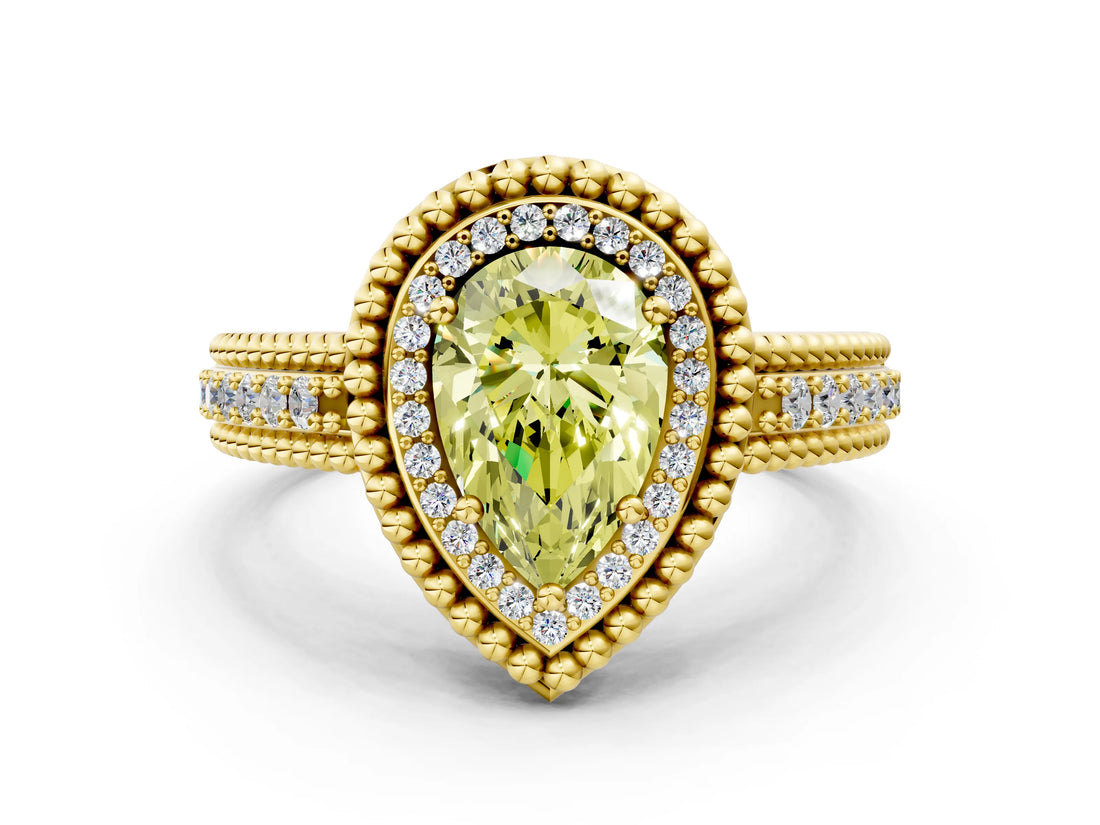 Yellow gold Fancy Yellow Pear Cut Halo Diamond Ring with Beaded Split Shank and Four-Prong Setting