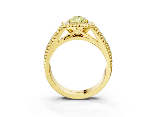 Yellow Gold Pear-Shaped Beaded Halo Engagement Ring Setting for Fancy Yellow Center with Pave