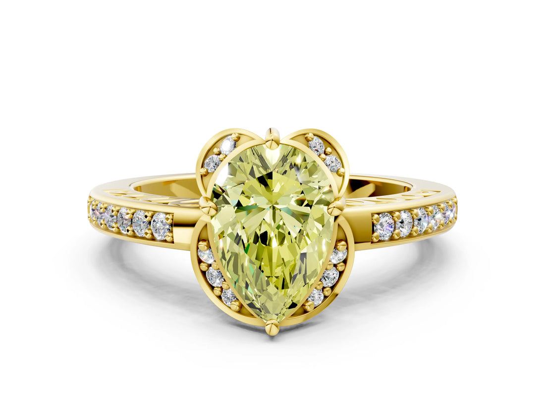 Yellow gold Fancy Yellow Pear  Cut Halo Diamond Ring with Channel Set Band and Four-Prong Setting_32