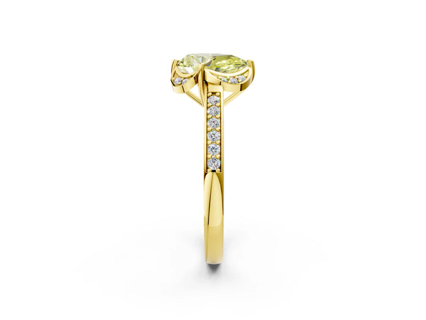 Yellow gold Fancy Yellow Pear  Cut Halo Diamond Ring with Channel Set Band and Four-Prong Setting