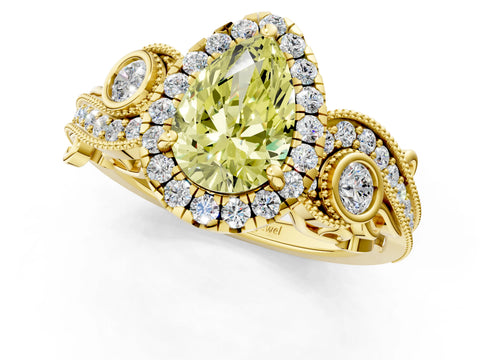 Yellow gold Fancy Yellow Pear Cut Halo Diamond Ring with Milgrain and Bezel Accents on a Split Shank Band_1