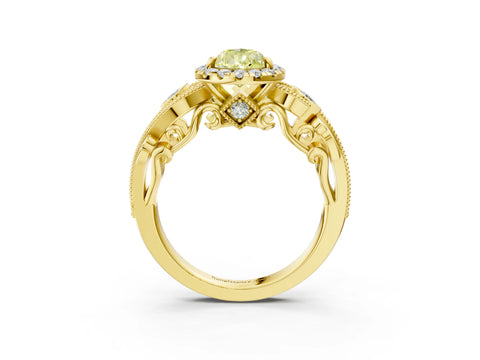Yellow gold Fancy Yellow Pear Cut Halo Diamond Ring with Milgrain and Bezel Accents on a Split Shank Band_3