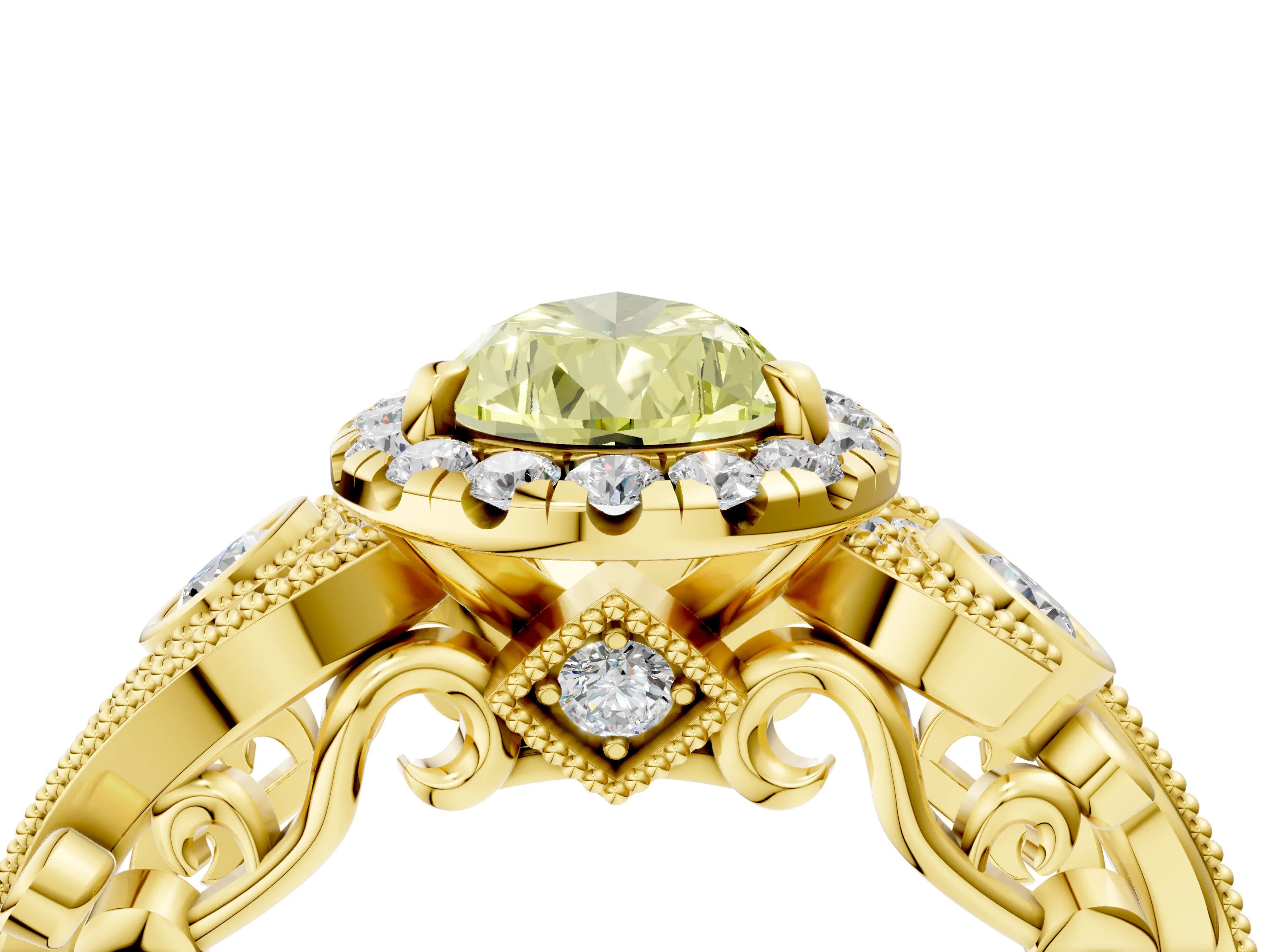 Yellow gold Fancy Yellow Pear Cut Halo Diamond Ring with Milgrain and Bezel Accents on a Split Shank Band_4