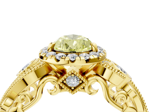 Yellow gold Fancy Yellow Pear Cut Halo Diamond Ring with Milgrain and Bezel Accents on a Split Shank Band_4