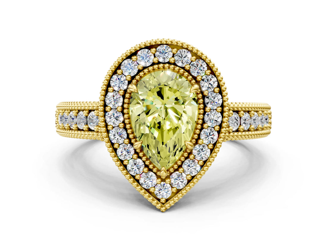Yellow gold Fancy Yellow Pear  Cut Halo Diamond Ring with Pavé Band and Four-Prong Setting_69
