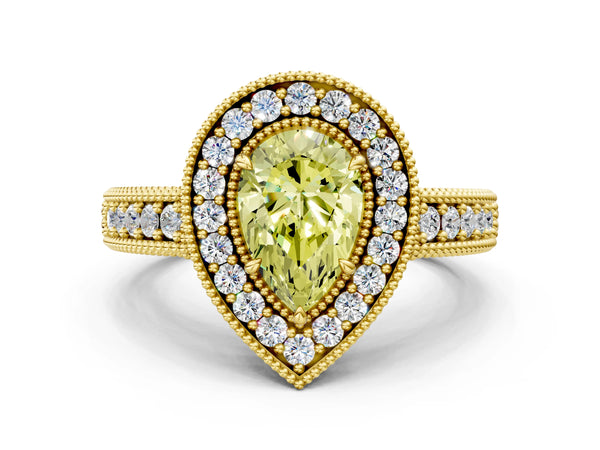 Yellow Gold Pear-Shaped Vintage Milgrain Halo Engagement Ring Setting for Fancy Yellow Center with Pave Band
