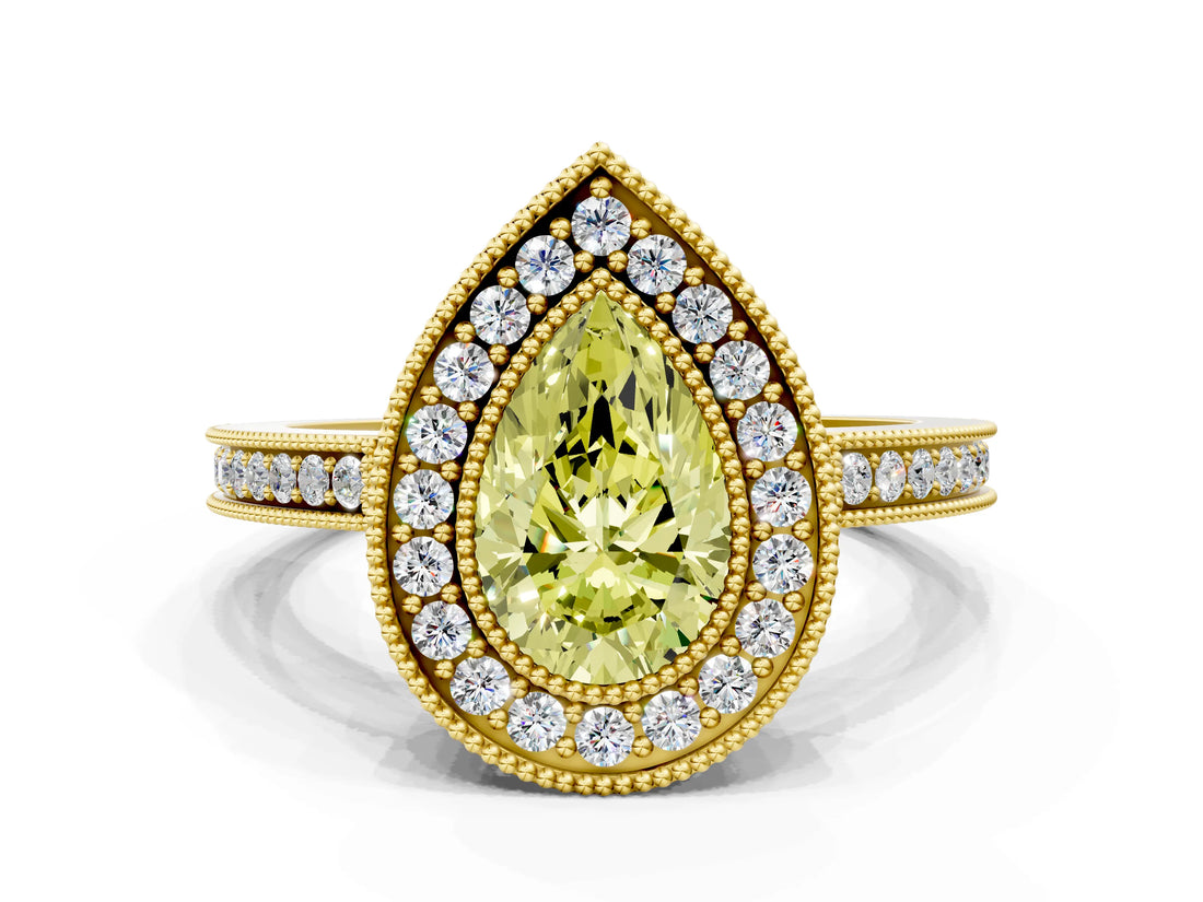 Yellow gold Fancy Yellow Pear  Cut Halo Diamond Ring with Pavé Band and Milgrain Prong Setting_32