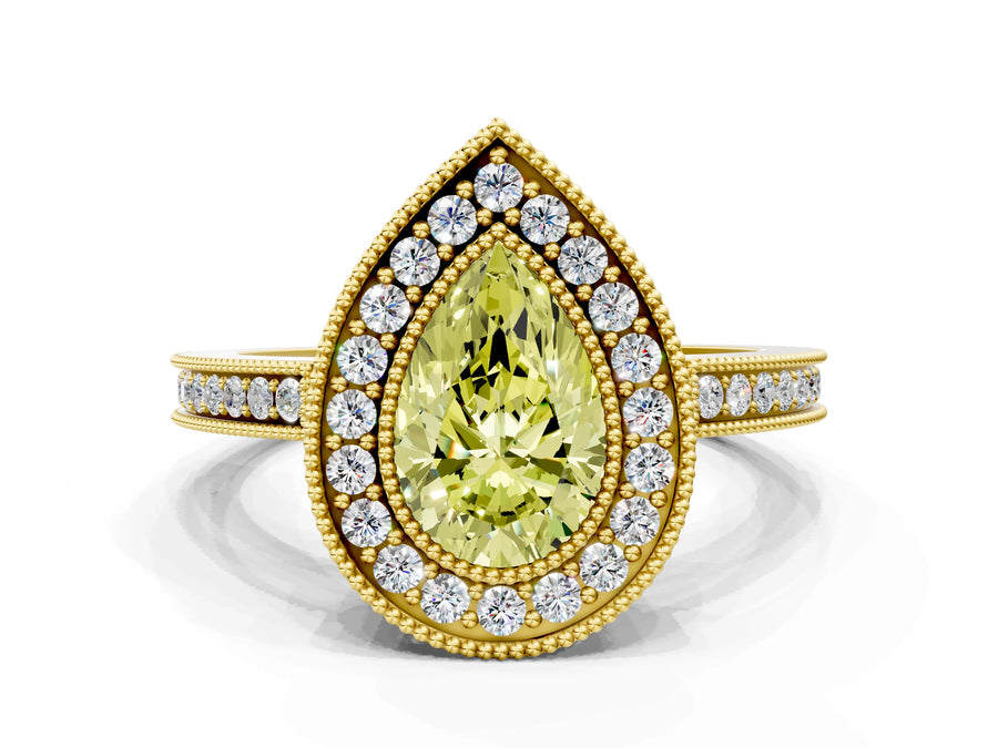 Yellow gold Fancy Yellow Pear  Cut Halo Diamond Ring with Pavé Band and Milgrain Prong Setting