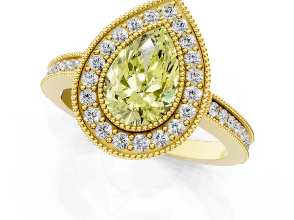 Yellow gold Fancy Yellow Pear  Cut Halo Diamond Ring with Pavé Band and Milgrain Prong Setting