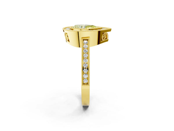 Yellow gold Fancy Yellow Pear  Cut Halo Diamond Ring with Pavé Band and Milgrain Prong Setting
