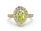 Yellow gold Fancy Yellow Pear Cut Halo Diamond Ring with Pavé Band and Three-Prong Setting