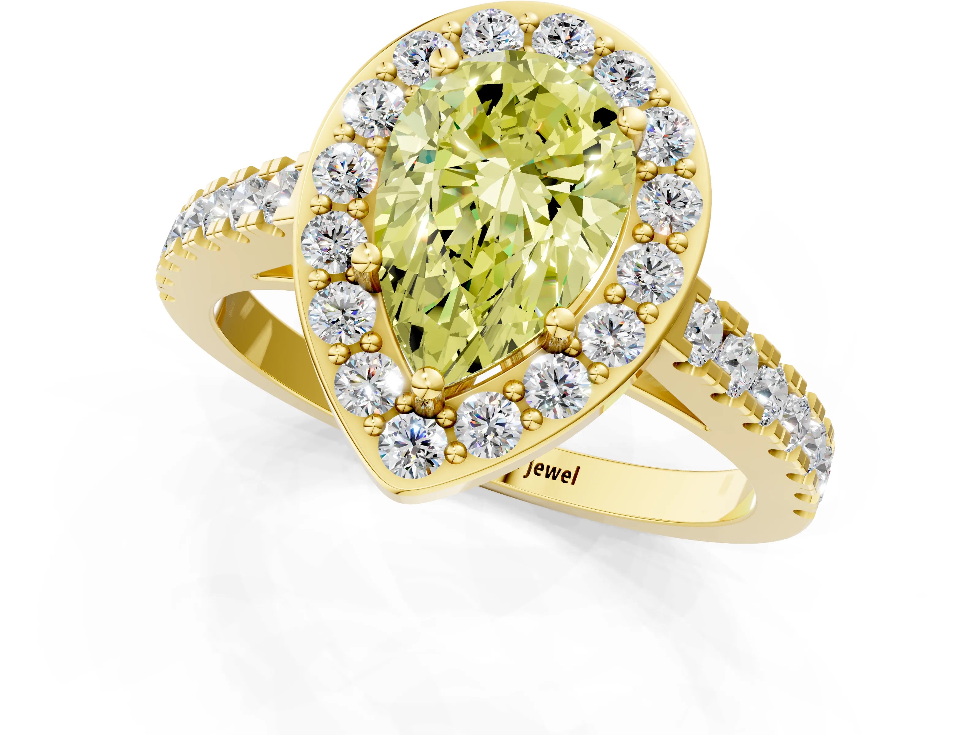 Yellow gold Fancy Yellow Pear Cut Halo Diamond Ring with Pavé Band and Three-Prong Setting_1