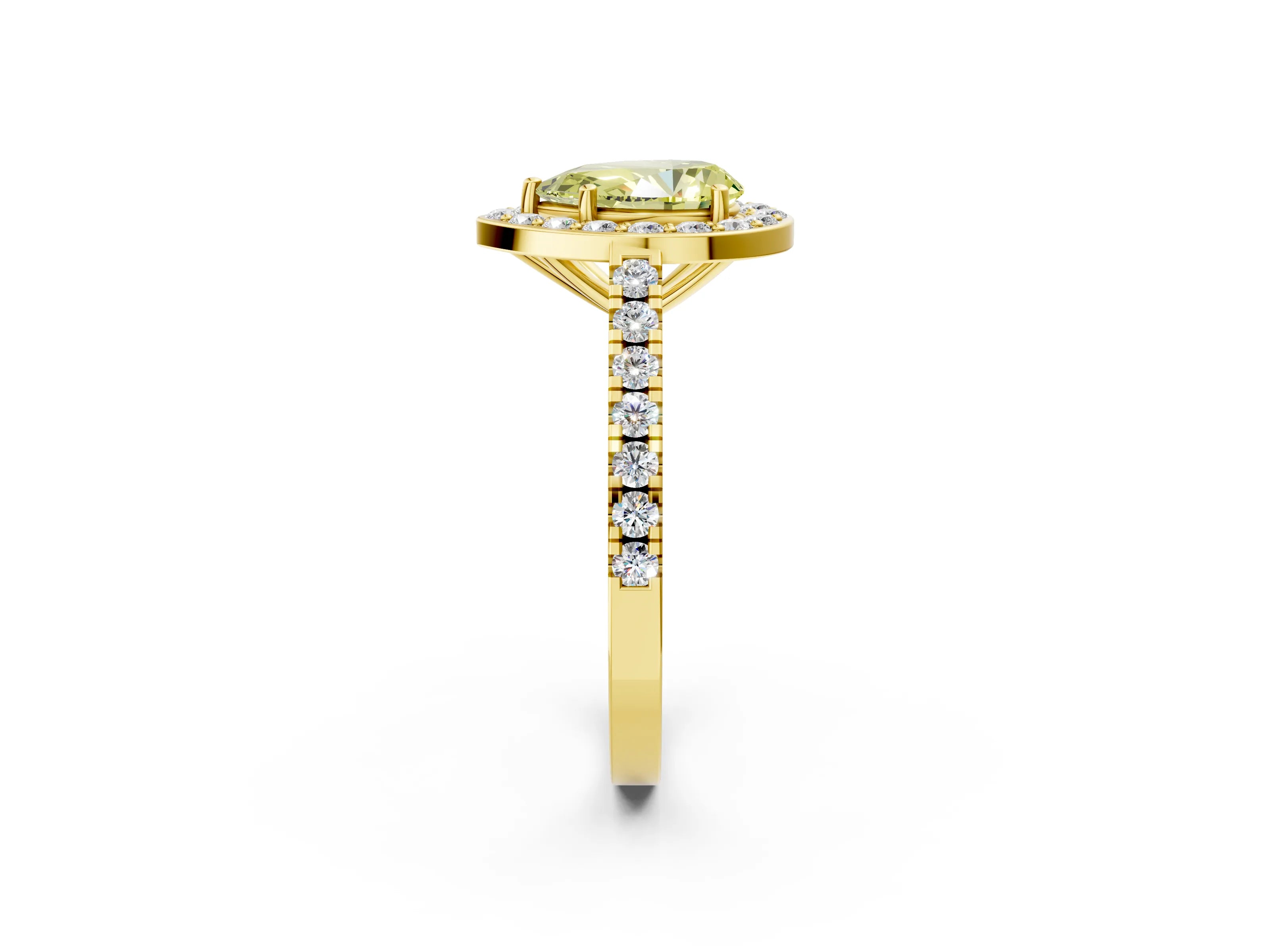Yellow gold Fancy Yellow Pear Cut Halo Diamond Ring with Pavé Band and Three-Prong Setting_2