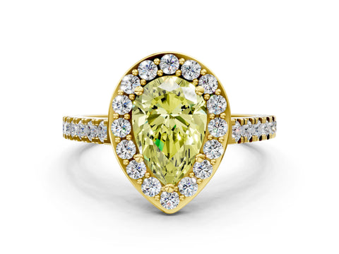 Yellow gold Fancy Yellow Pear Cut Halo Diamond Ring with Pavé Band and Three-Prong Setting