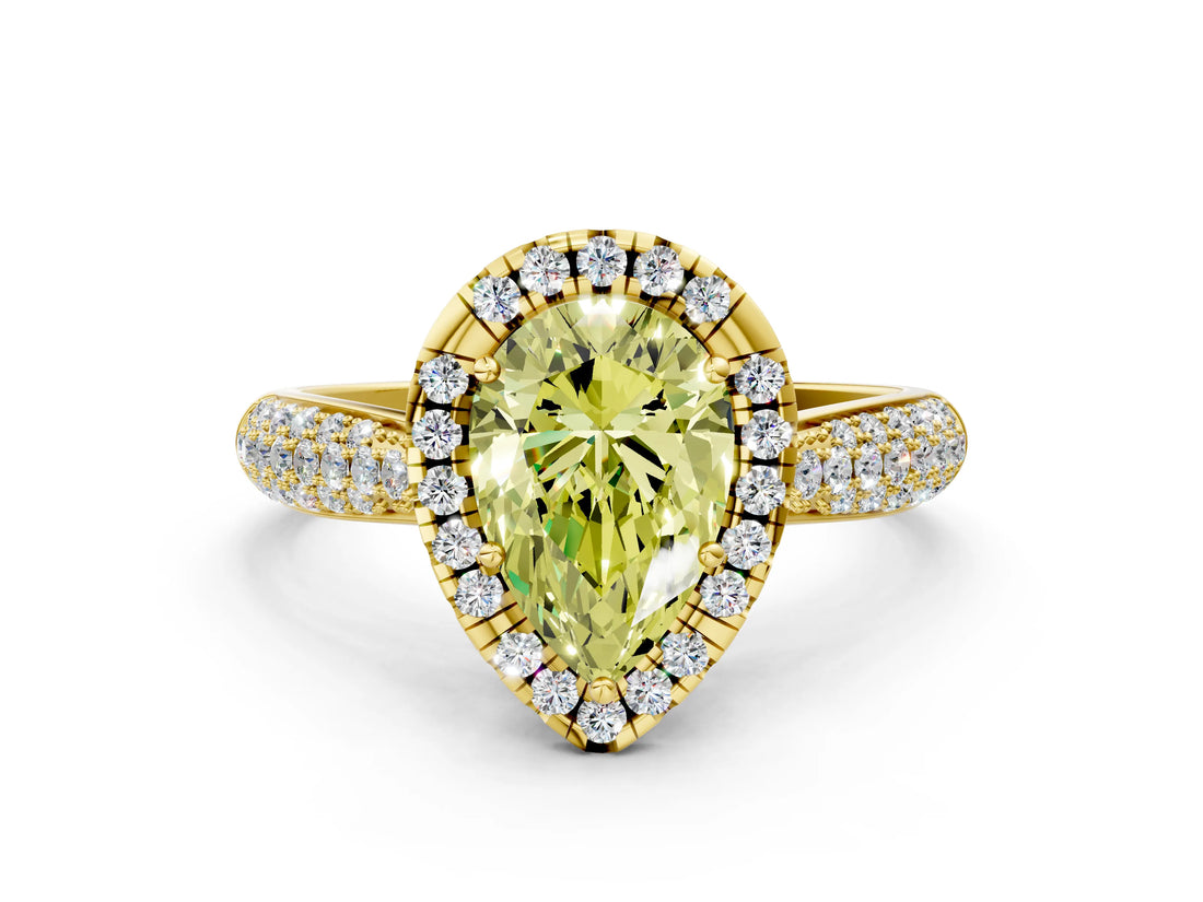 Yellow gold Fancy Yellow Pear Cut Halo Diamond Ring with Pavé Band