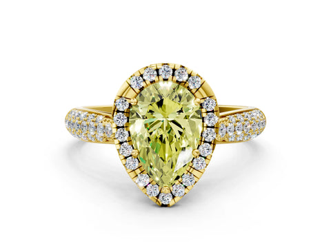 Yellow gold Fancy Yellow Pear Cut Halo Diamond Ring with Pavé Band