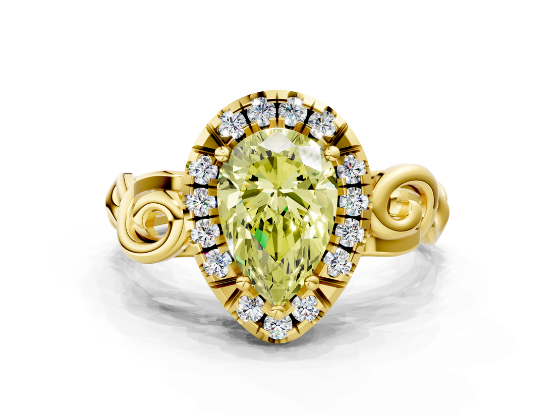 Yellow gold Fancy Yellow Pear  Cut Halo Diamond Ring with Scrollwork Band and Four-Prong Setting_72