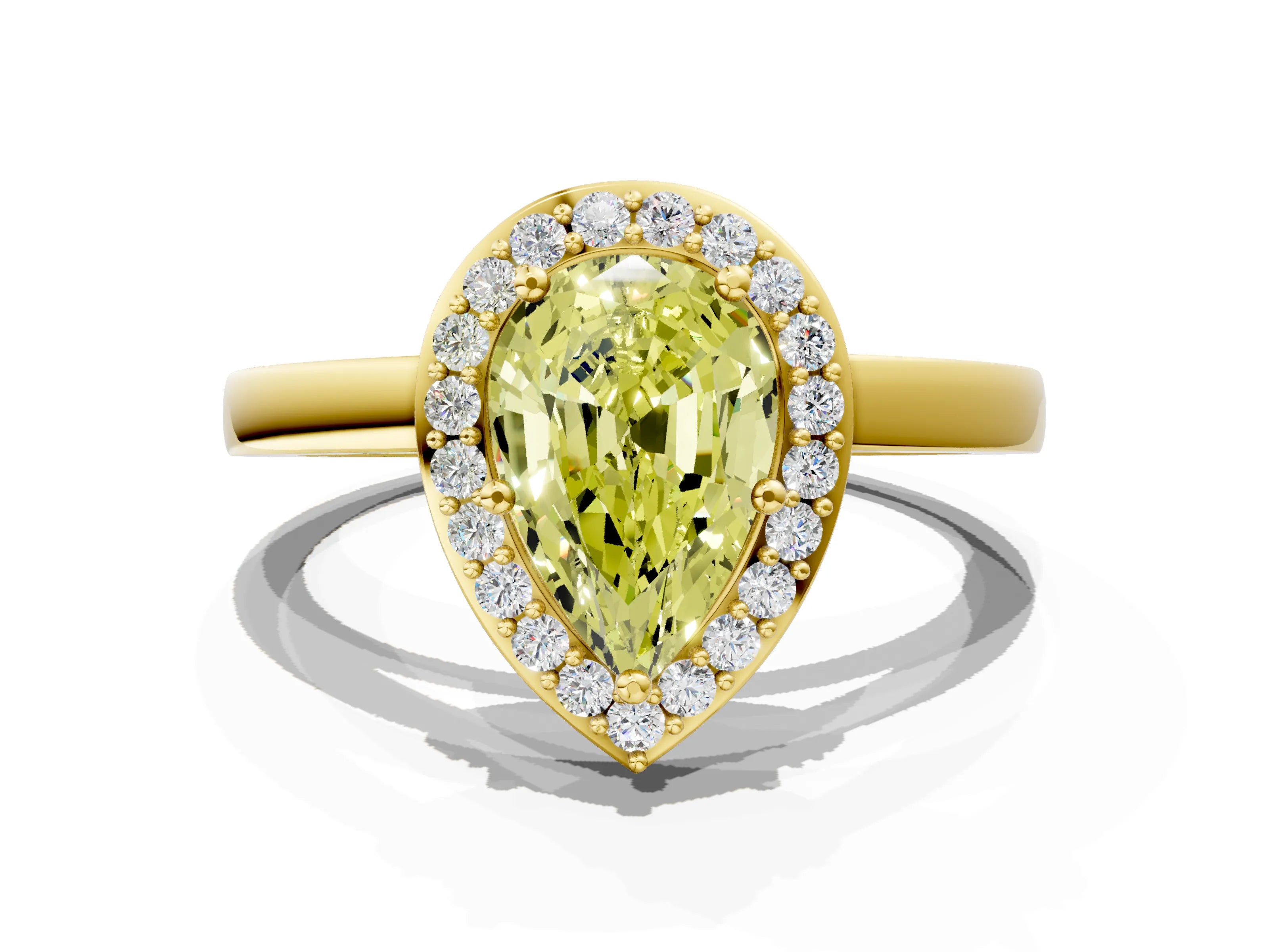 Yellow gold Fancy Yellow Pear Cut Halo Diamond Ring with Solitaire Band and Prong Setting
