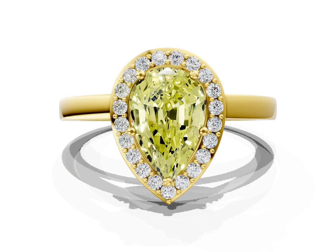 Yellow gold Fancy Yellow Pear Cut Halo Diamond Ring with Solitaire Band and Prong Setting