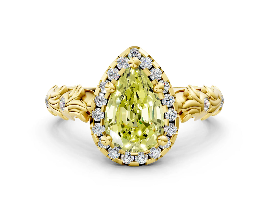 Yellow gold Fancy Yellow Pear Cut Halo Diamond Solitaire with Filigree Band and Four-Prong Setting