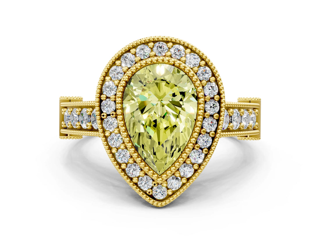 Yellow gold Fancy Yellow Pear Cut Halo Diamond Split Shank Pave Ring