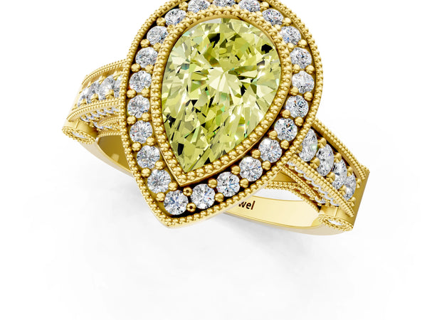 Yellow Gold Pear-Shaped Vintage Bezel Halo Engagement Ring Setting for Fancy Yellow Center