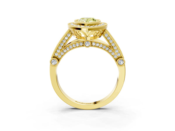 Yellow Gold Pear-Shaped Vintage Bezel Halo Engagement Ring Setting for Fancy Yellow Center