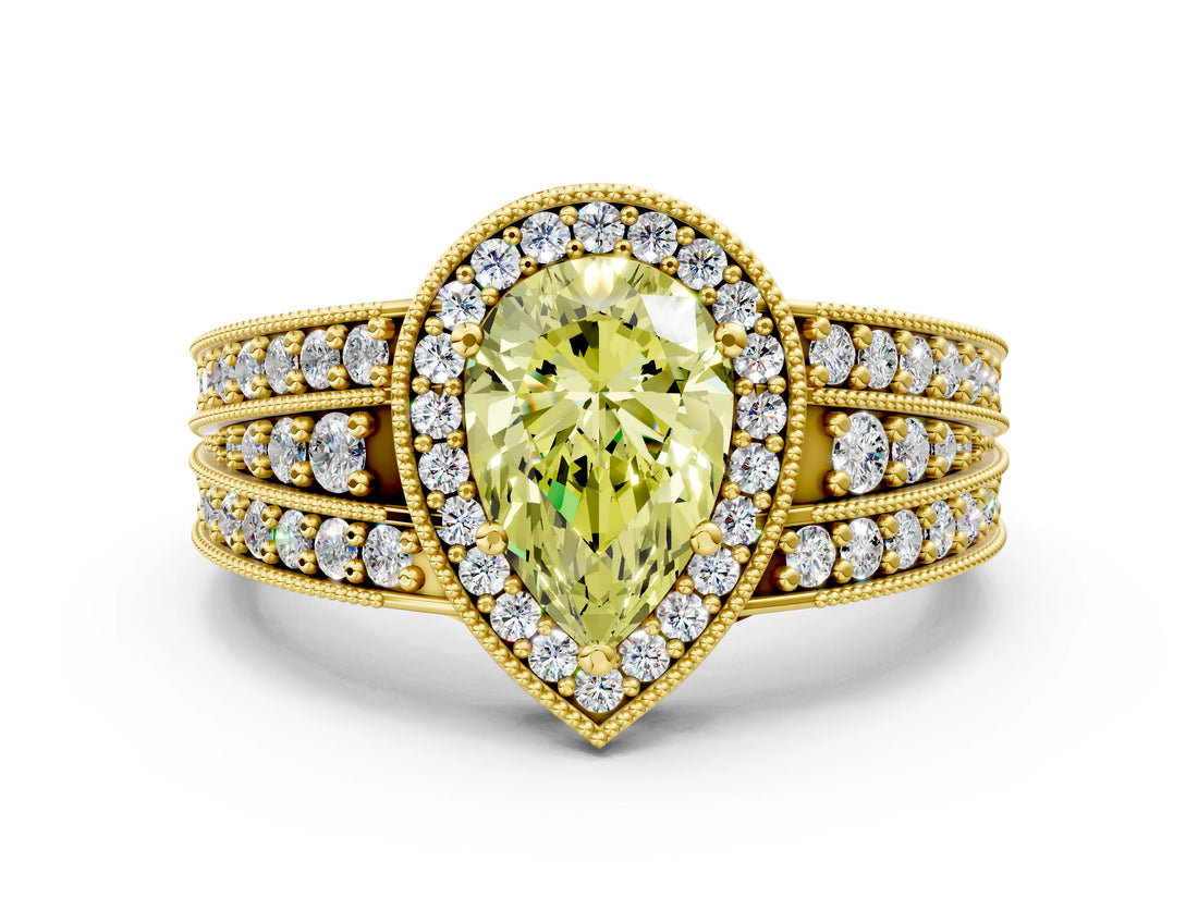 Yellow gold Fancy Yellow Pear Cut Halo Diamond Split Shank Ring with Prong Setting_12
