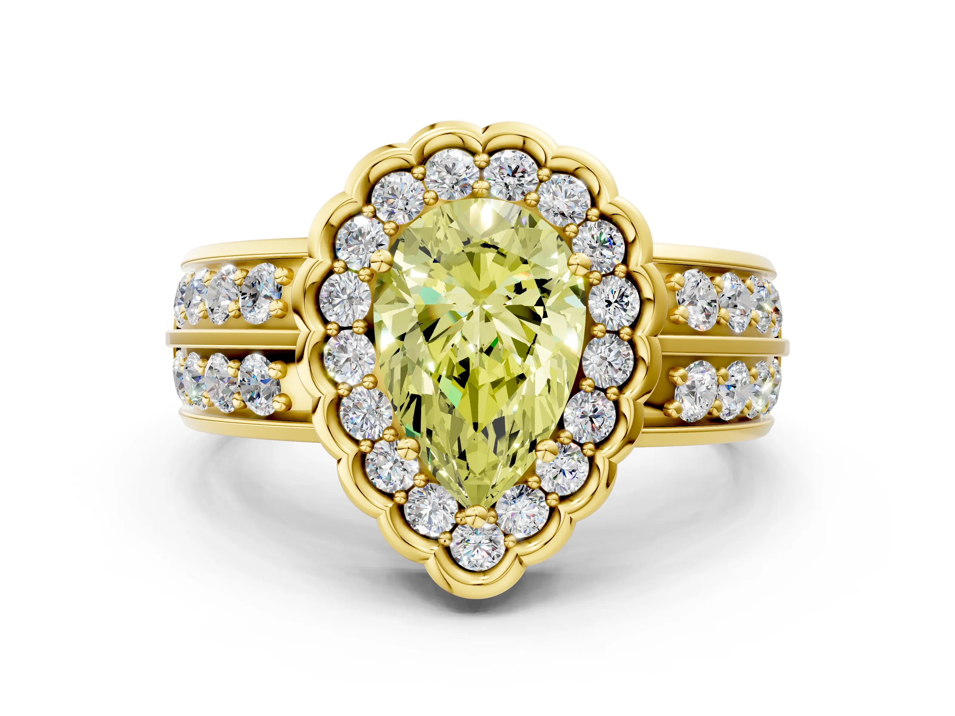 Yellow gold Fancy Yellow Pear Cut Halo Diamond Split Shank Ring with Scalloped Prong Setting