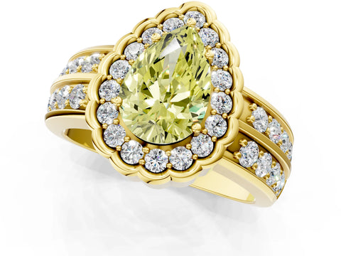 Yellow gold Fancy Yellow Pear Cut Halo Diamond Split Shank Ring with Scalloped Prong Setting_1