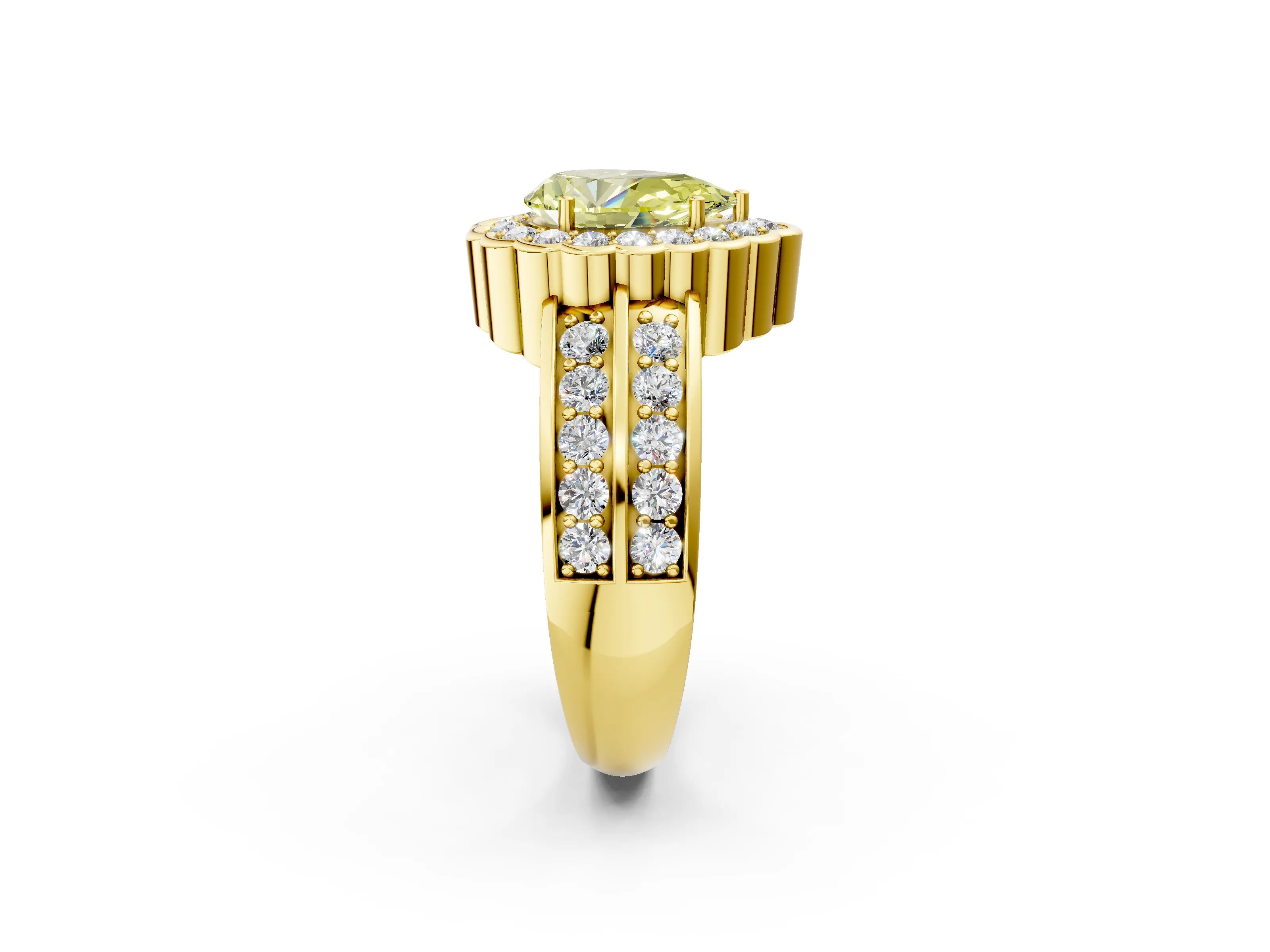 Yellow gold Fancy Yellow Pear Cut Halo Diamond Split Shank Ring with Scalloped Prong Setting_2