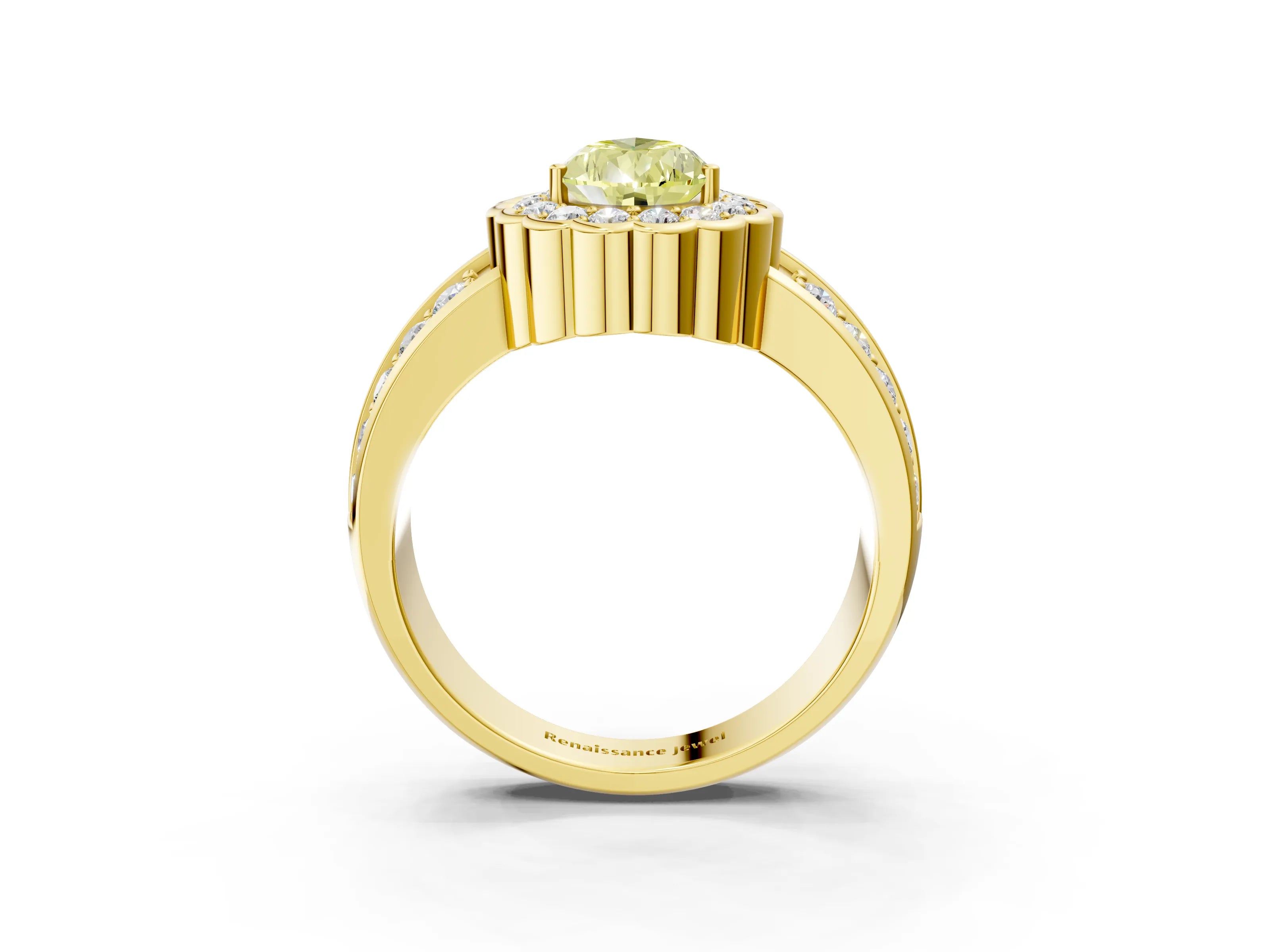 Yellow gold Fancy Yellow Pear Cut Halo Diamond Split Shank Ring with Scalloped Prong Setting_3