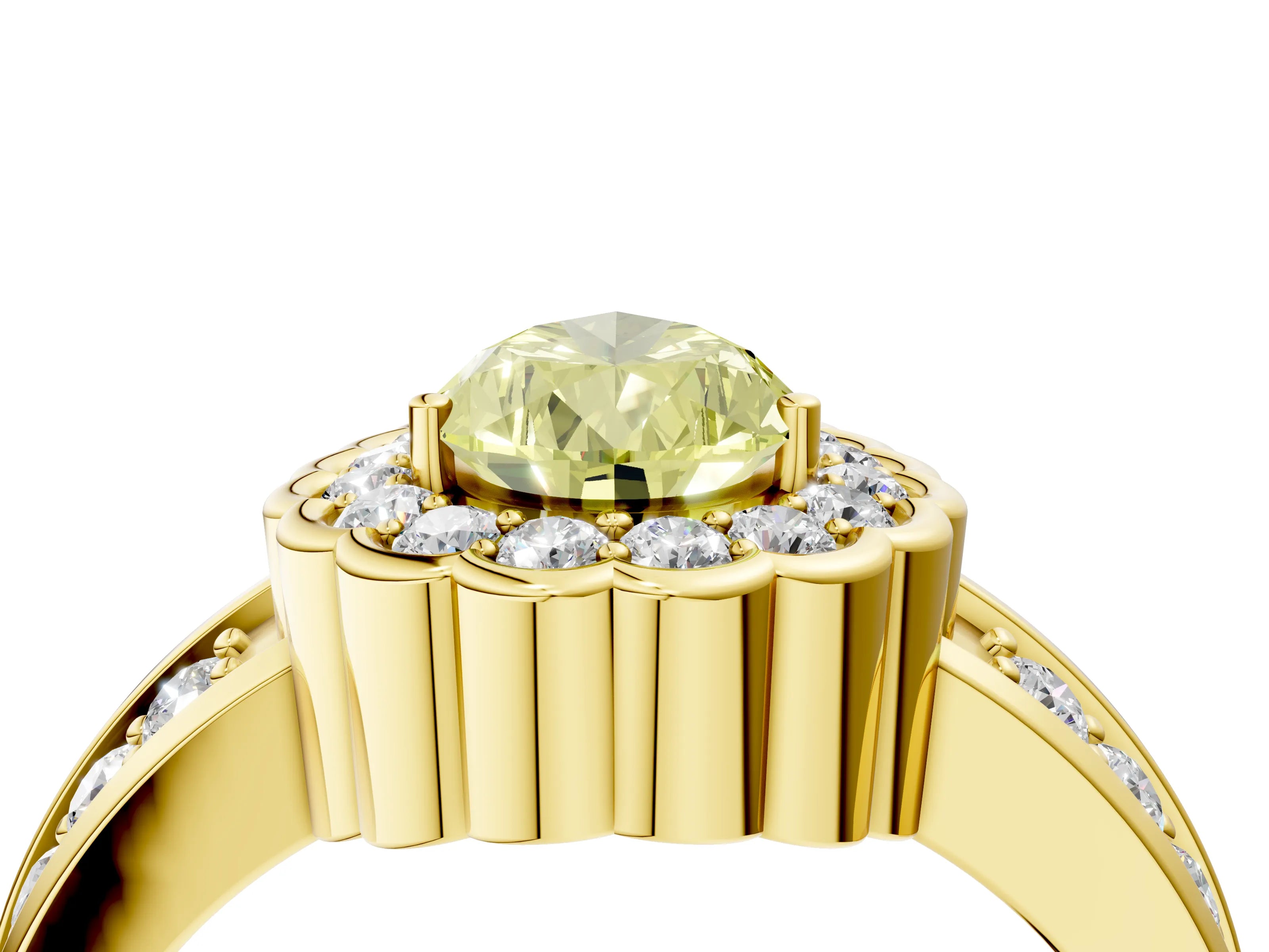 Yellow gold Fancy Yellow Pear Cut Halo Diamond Split Shank Ring with Scalloped Prong Setting_4