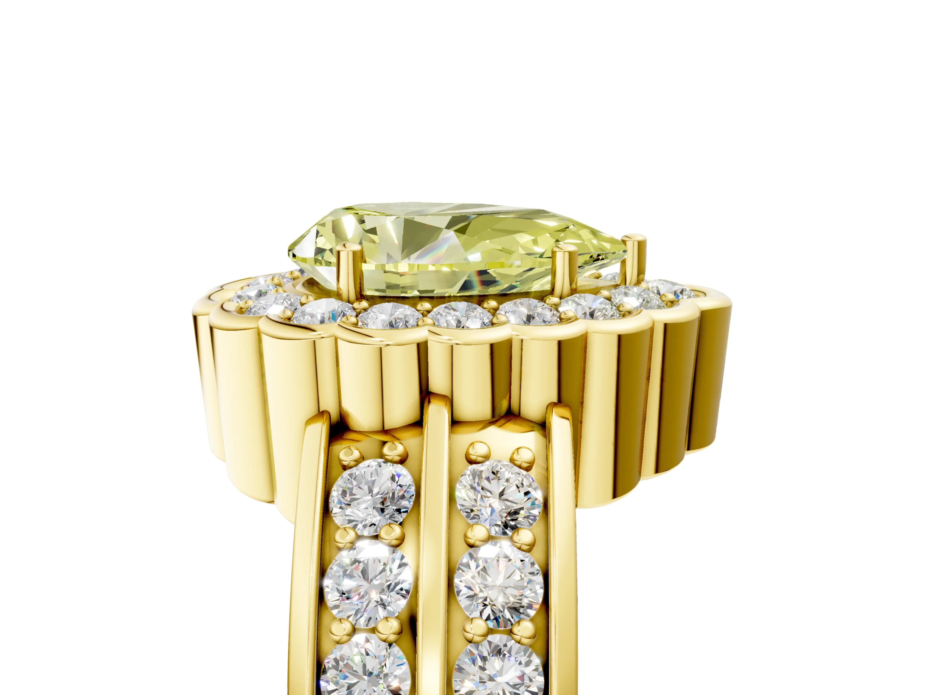 Yellow gold Fancy Yellow Pear Cut Halo Diamond Split Shank Ring with Scalloped Prong Setting_5