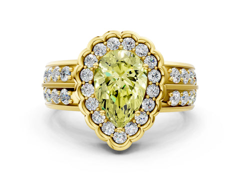 Yellow gold Fancy Yellow Pear Cut Halo Diamond Split Shank Ring with Scalloped Prong Setting