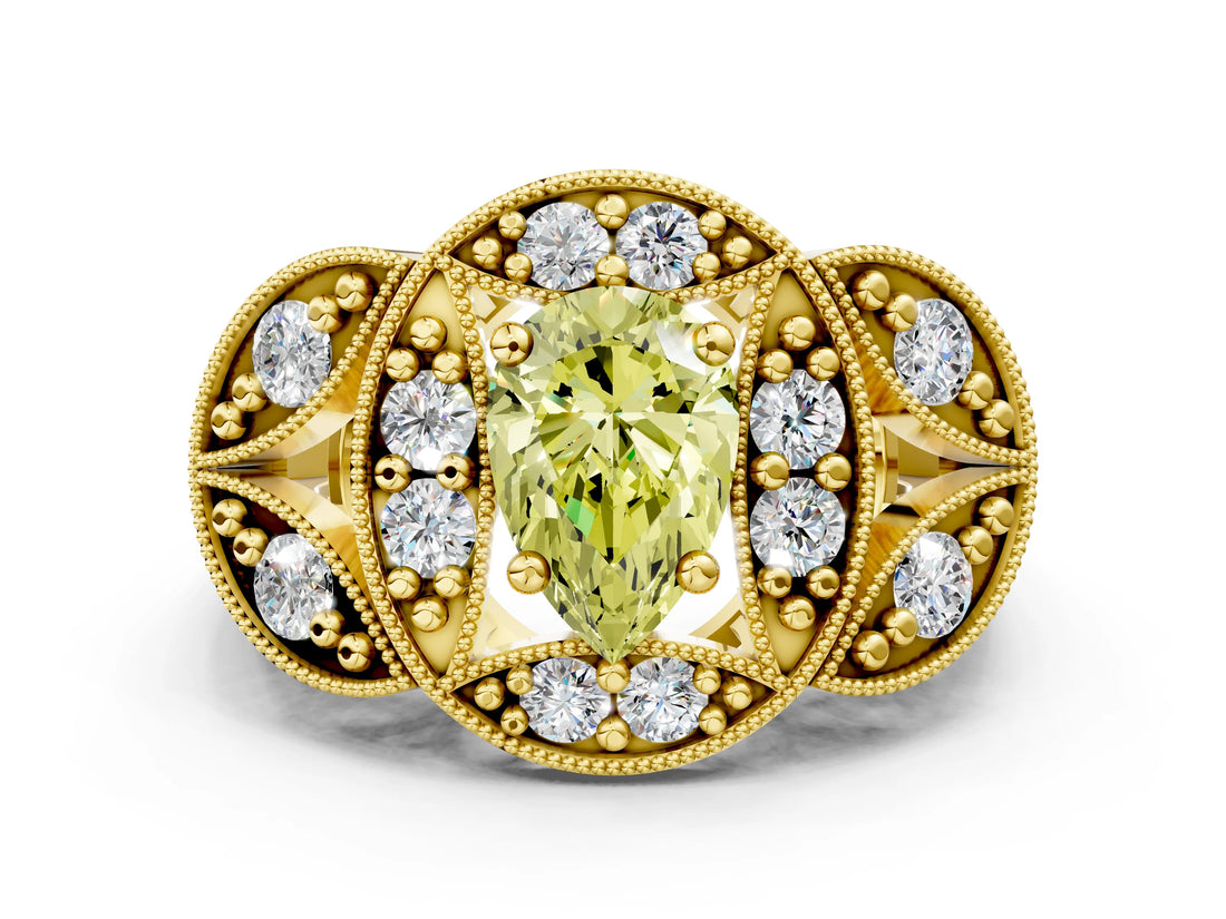 Yellow gold Fancy Yellow Pear Cut Halo Milgrain Diamond Engagement Ring with Leaf Band and Four-Prong Setting