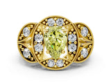 Yellow gold Fancy Yellow Pear Cut Halo Milgrain Diamond Engagement Ring with Leaf Band and Four-Prong Setting